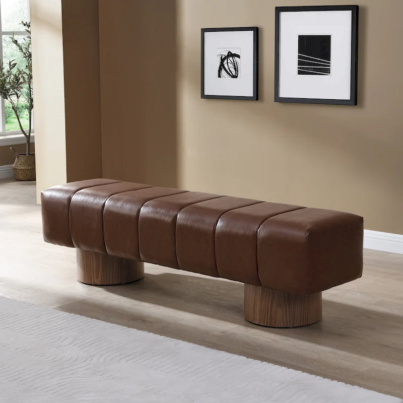 Modern Channel Tufted Upholstered Dining Bench with Rounded Wood Legs