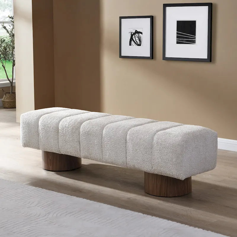 Modern Channel Tufted Upholstered Dining Bench with Rounded Wood Legs