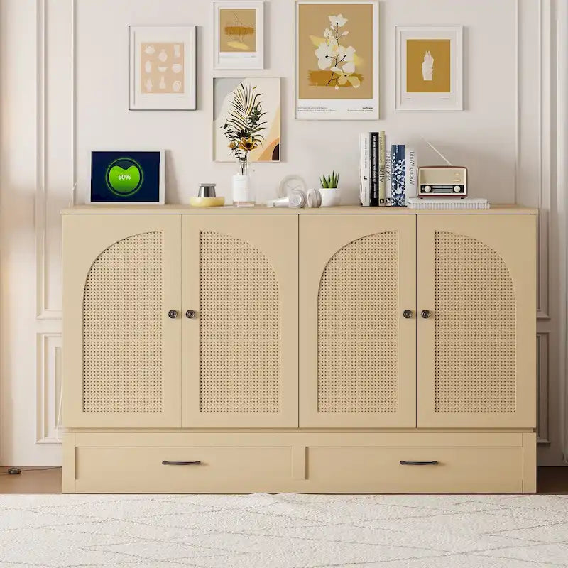 Rattan Style Folding Murphy Bed with Storage Drawers and USB