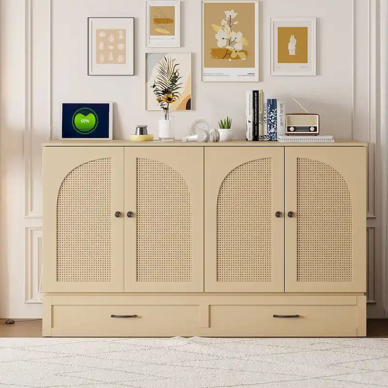 Rattan Style Folding Murphy Bed with Storage Drawers and USB