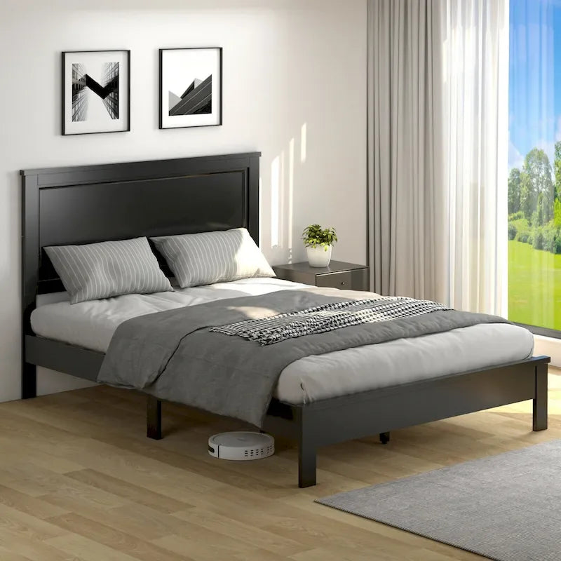 Struttura letto a piattaforma in legno con supporto a doghe e testiera a pannello
