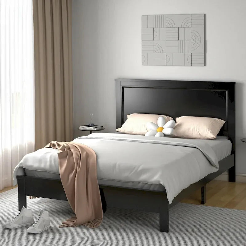 Wooden Platform Bed Frame with Slatted Support and Panel Headboard