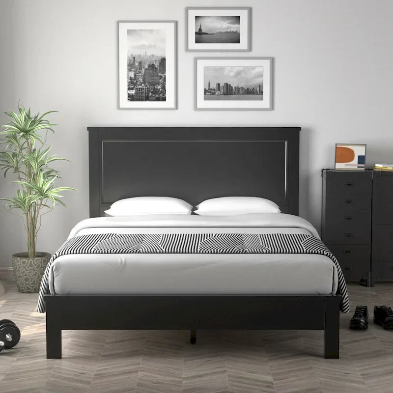 Struttura letto a piattaforma in legno con supporto a doghe e testiera a pannello