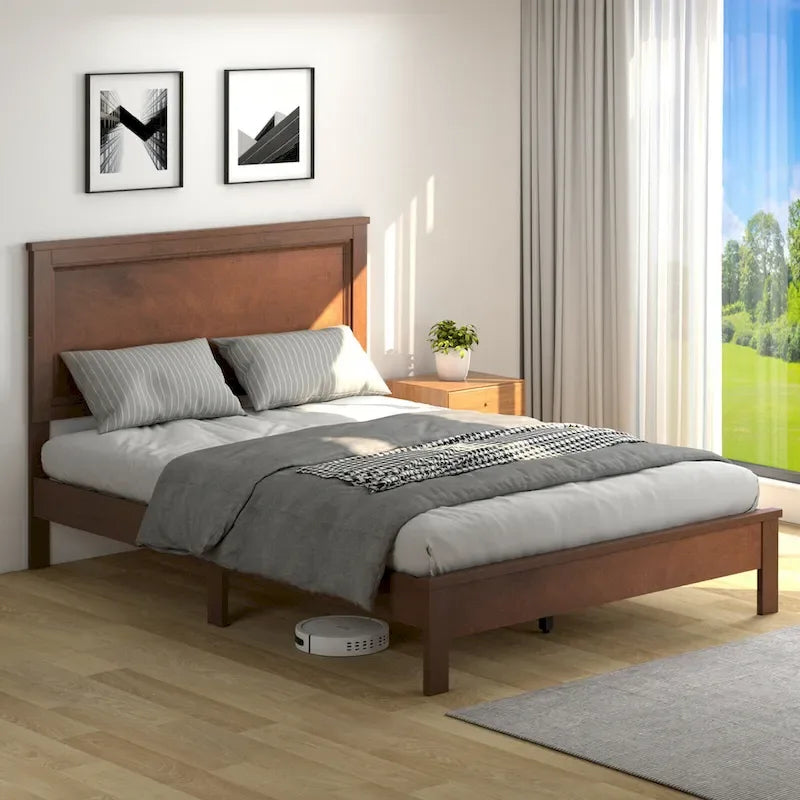 Struttura letto a piattaforma in legno con supporto a doghe e testiera a pannello