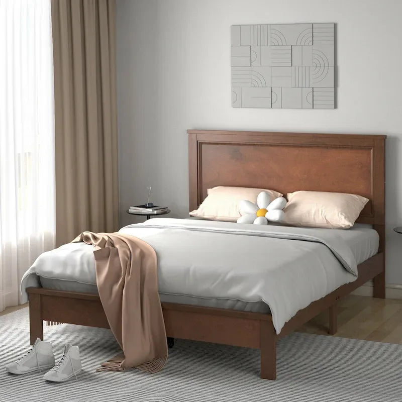 Wooden Platform Bed Frame with Slatted Support and Panel Headboard