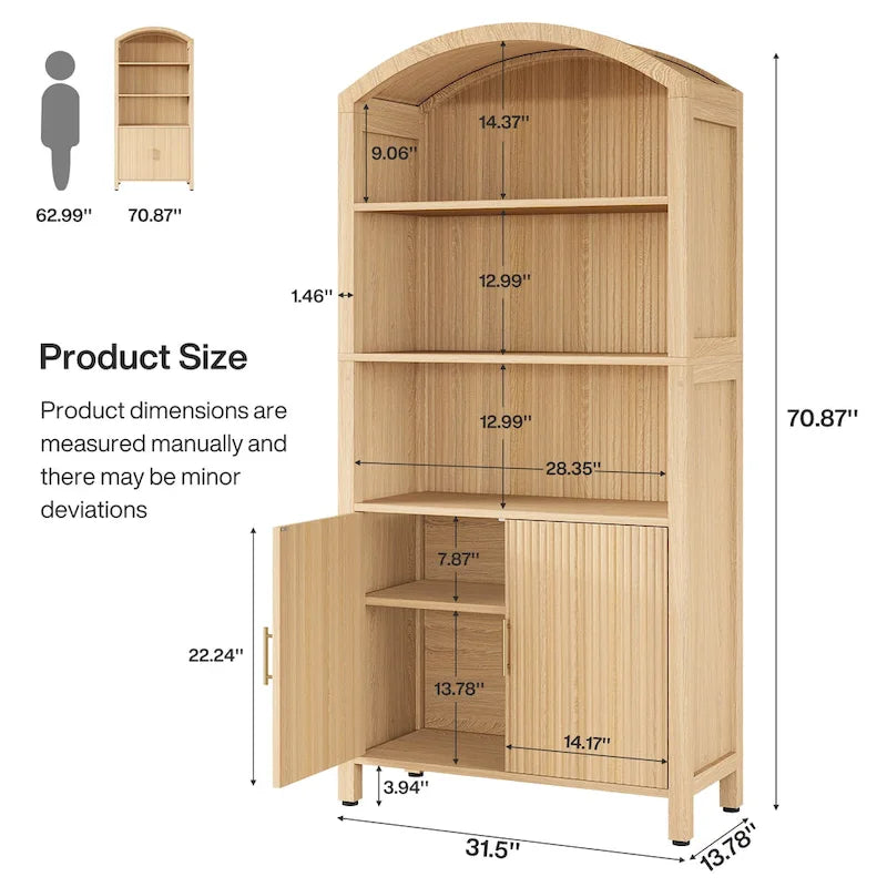 Natural Wood Grain Arched Pantry Cabinet with Fluted Storage Doors