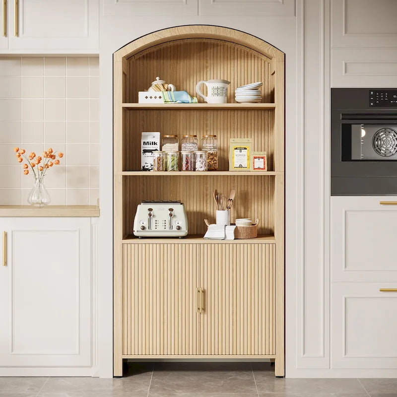 Natural Wood Grain Arched Pantry Cabinet with Fluted Storage Doors
