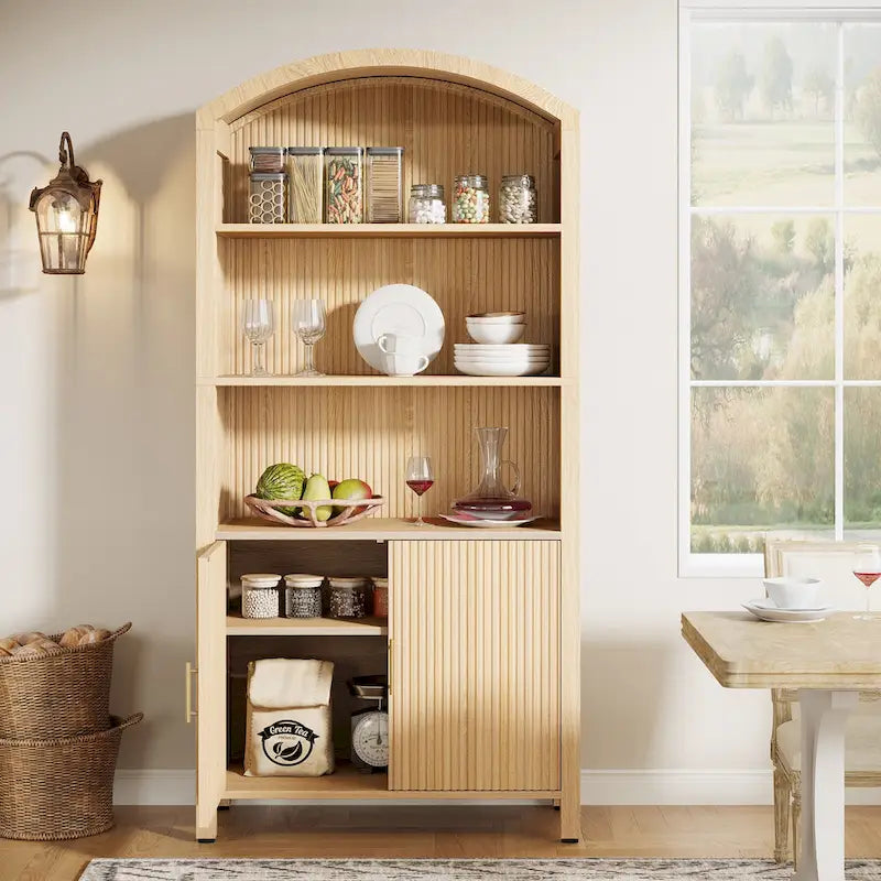 Natural Wood Grain Arched Pantry Cabinet with Fluted Storage Doors