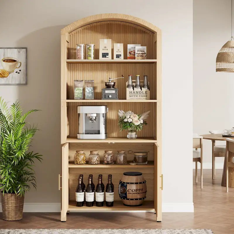 Natural Wood Grain Arched Pantry Cabinet with Fluted Storage Doors