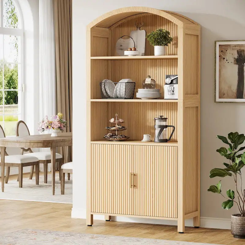 Natural Wood Grain Arched Pantry Cabinet with Fluted Storage Doors