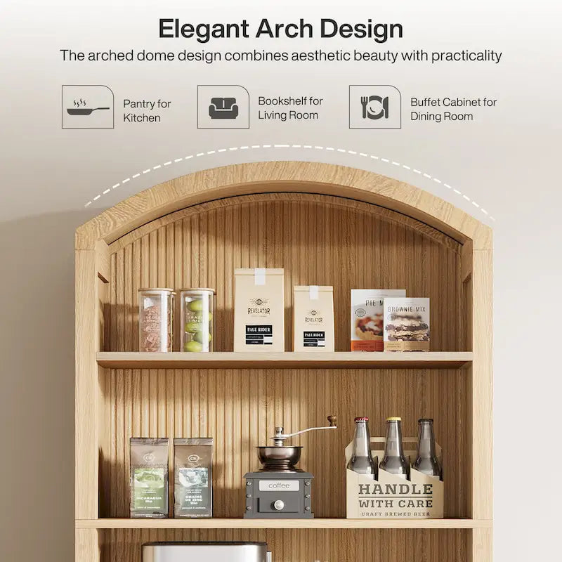 Natural Wood Grain Arched Pantry Cabinet with Fluted Storage Doors