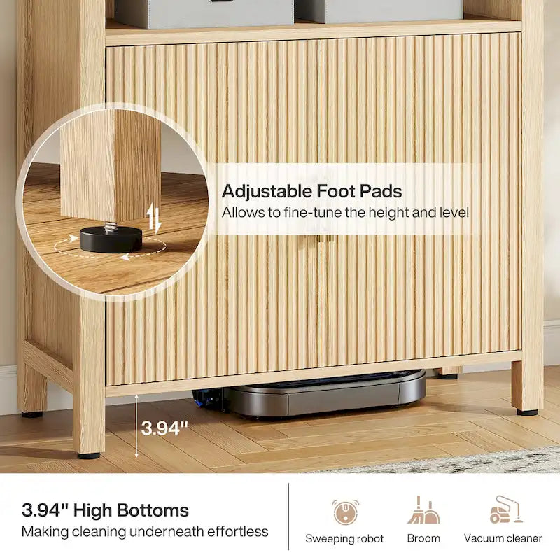 Natural Wood Grain Arched Pantry Cabinet with Fluted Storage Doors