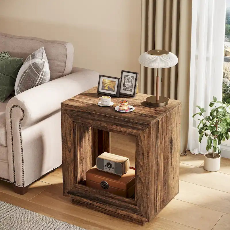Rustic Wood Grain End Table with Open Storage and Plinth Base