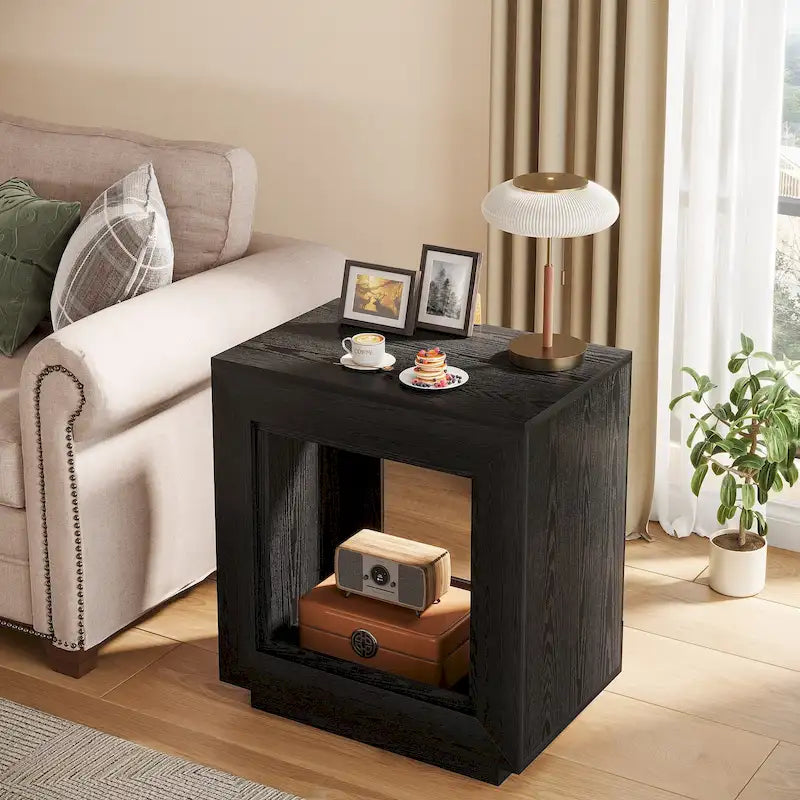 Rustic Wood Grain End Table with Open Storage and Plinth Base