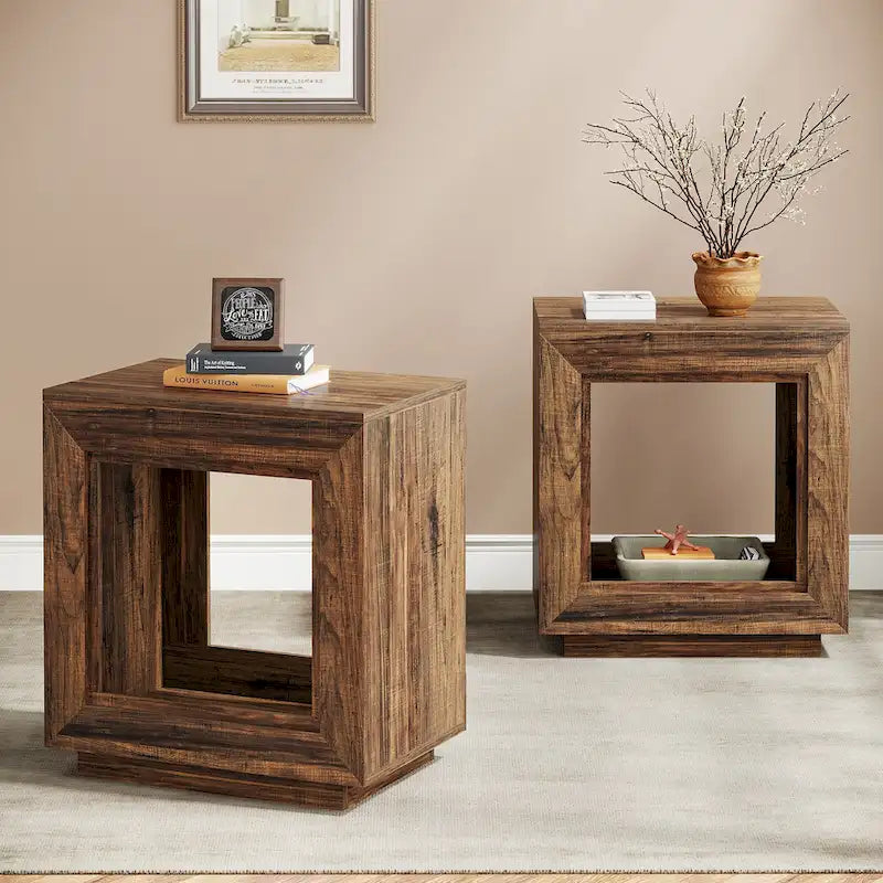 Rustic Wood Grain End Table with Open Storage and Plinth Base