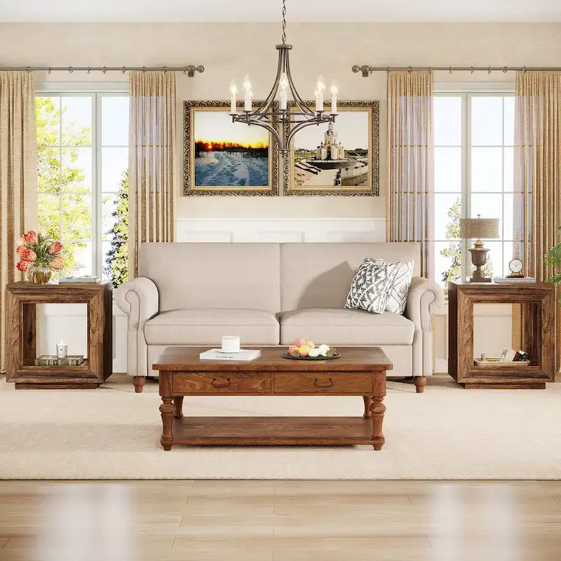 Rustic Wood Grain End Table with Open Storage and Plinth Base