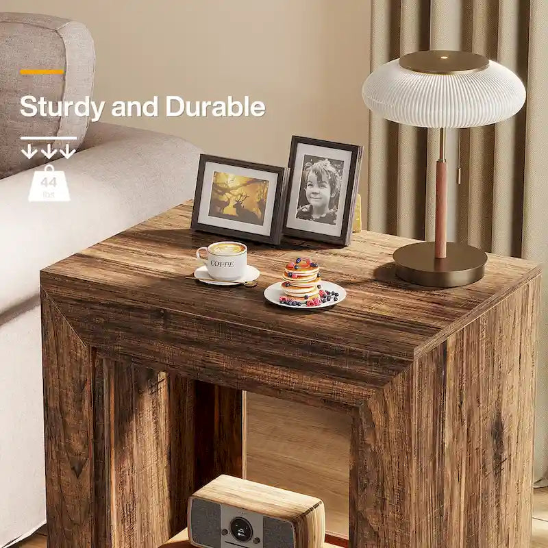 Rustic Wood Grain End Table with Open Storage and Plinth Base