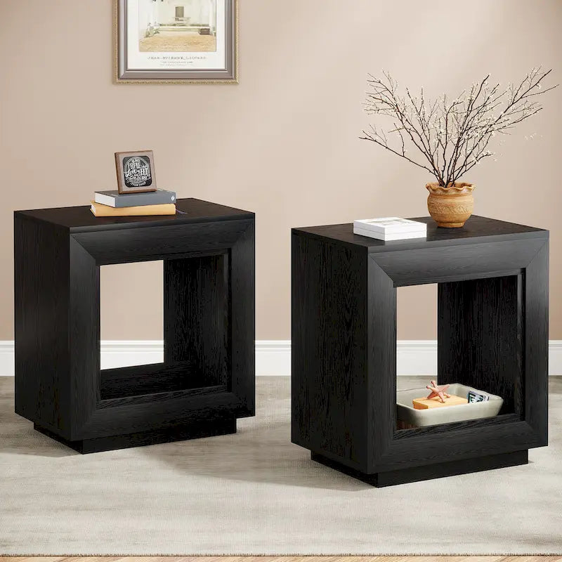 Rustic Wood Grain End Table with Open Storage and Plinth Base