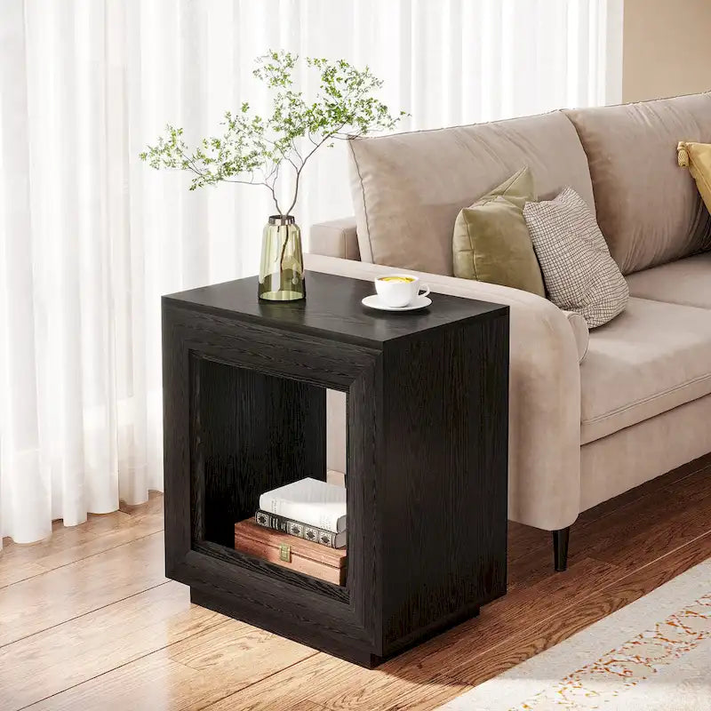 Rustic Wood Grain End Table with Open Storage and Plinth Base