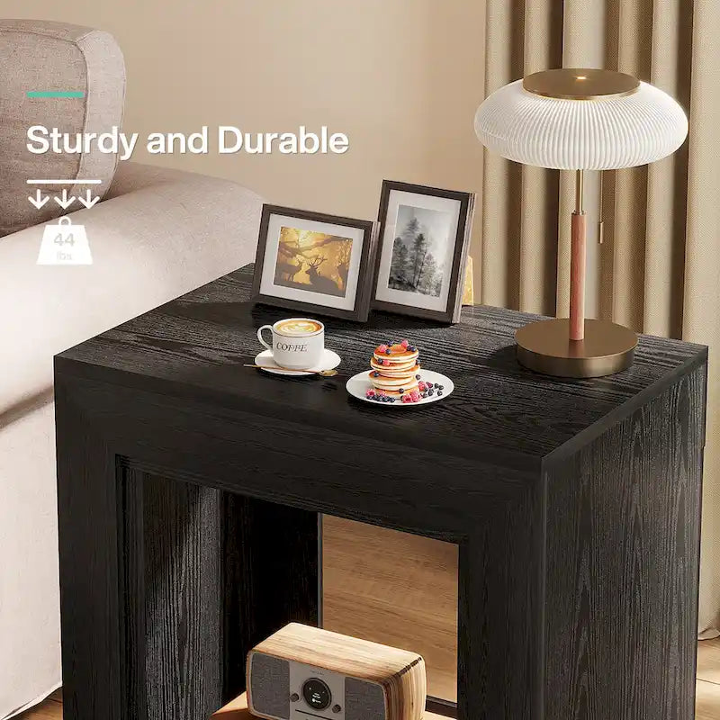 Rustic Wood Grain End Table with Open Storage and Plinth Base
