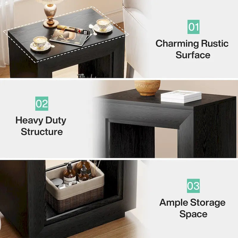 Rustic Wood Grain End Table with Open Storage and Plinth Base