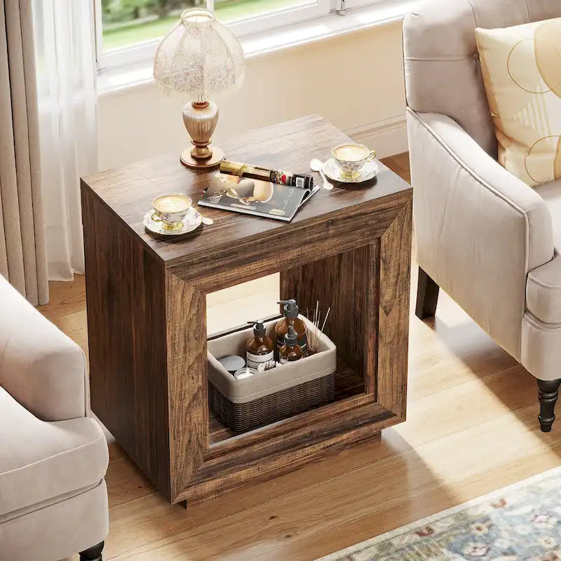 Rustic Wood Grain End Table with Open Storage and Plinth Base