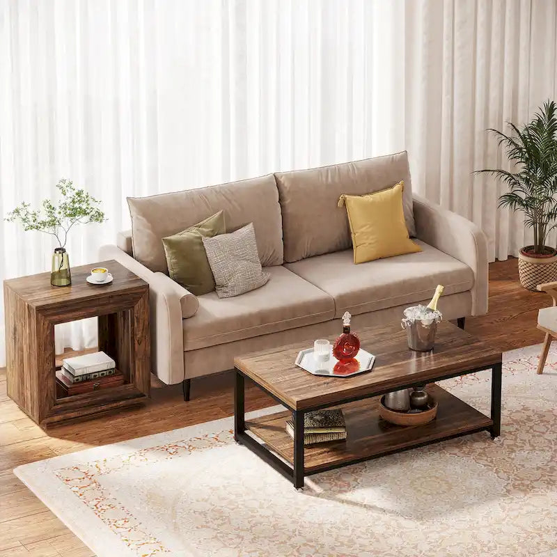 Rustic Wood Grain End Table with Open Storage and Plinth Base