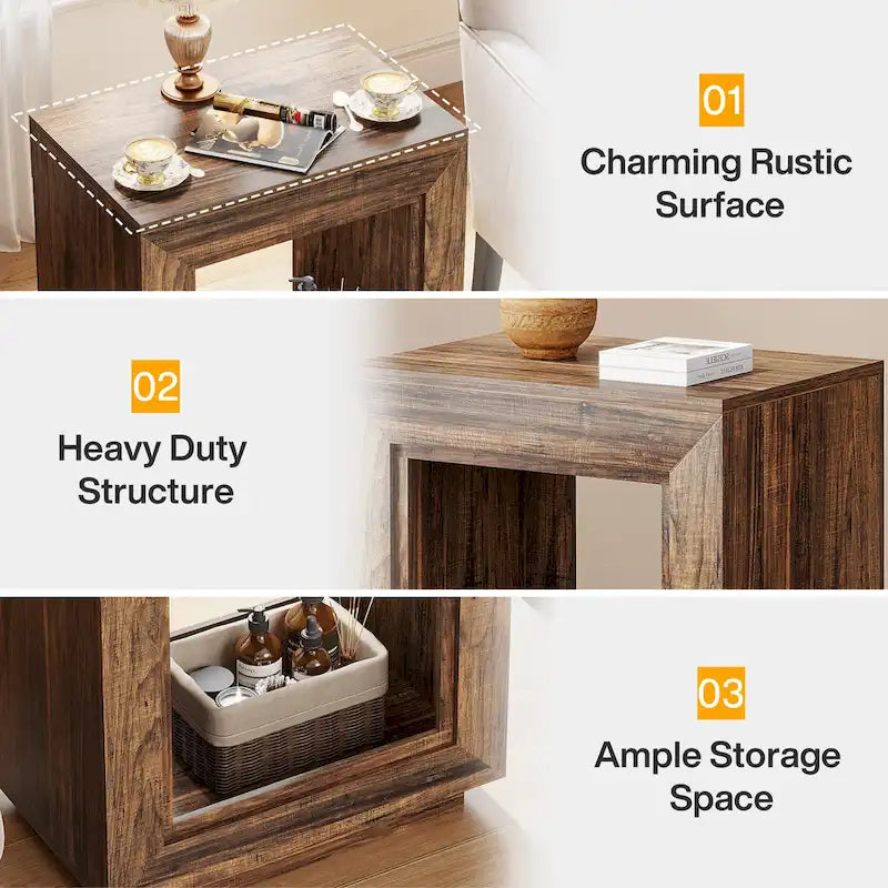 Rustic Wood Grain End Table with Open Storage and Plinth Base