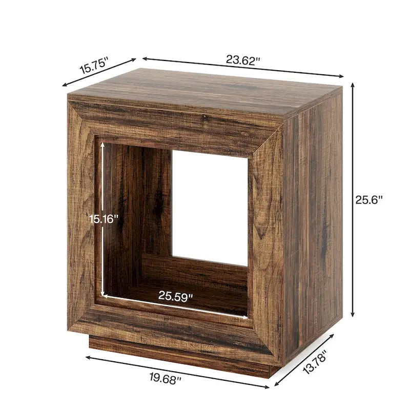 Rustic Wood Grain End Table with Open Storage and Plinth Base
