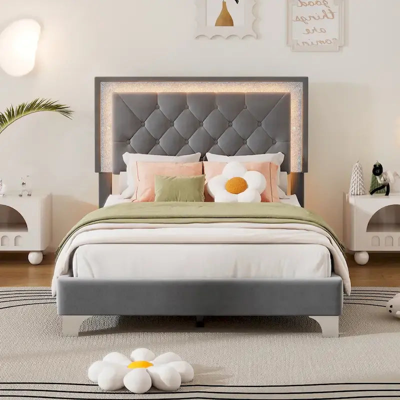 Grey Twin Velvet Bed with LED Lights & Tufted Headboard