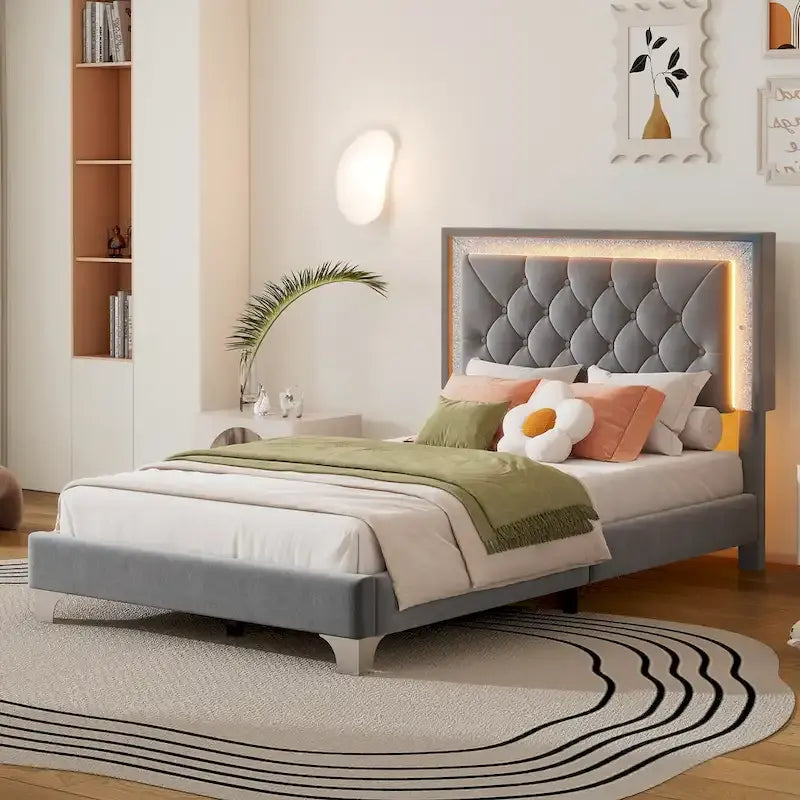 Grey Velvet Upholstered Bed Frame with Tufted LED Lighted Headboard