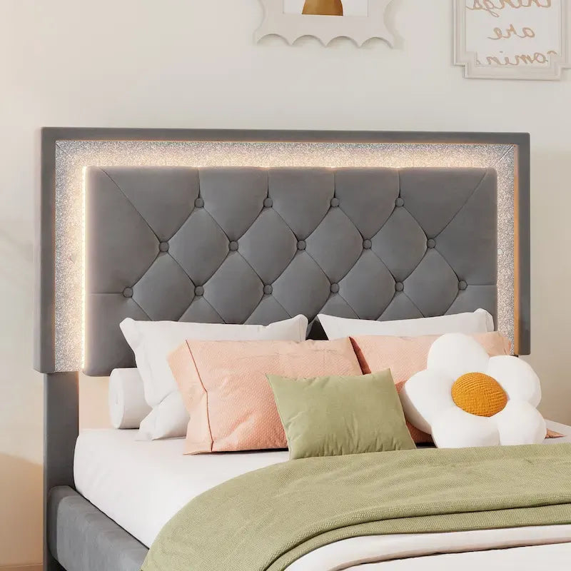 Grey Velvet Upholstered Bed Frame with Tufted LED Lighted Headboard