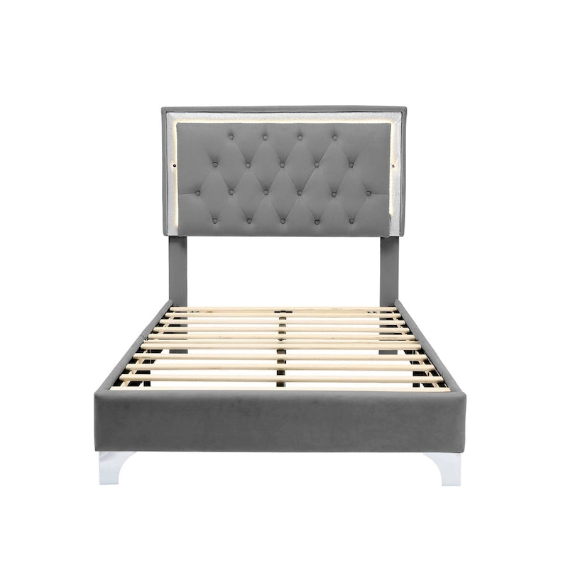 Grey Velvet Upholstered Bed Frame with Tufted LED Lighted Headboard