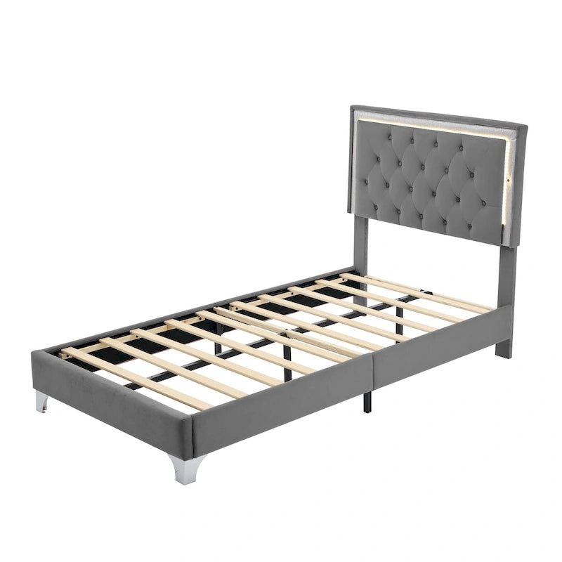 Grey Velvet Upholstered Bed Frame with Tufted LED Lighted Headboard