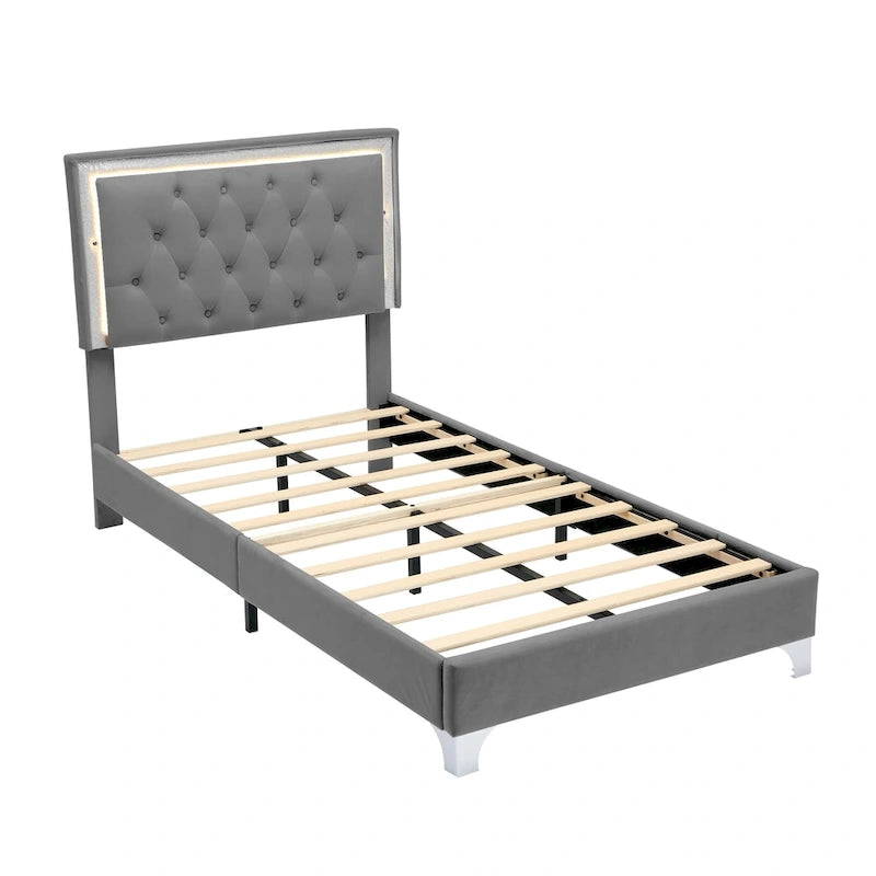 Grey Velvet Upholstered Bed Frame with Tufted LED Lighted Headboard