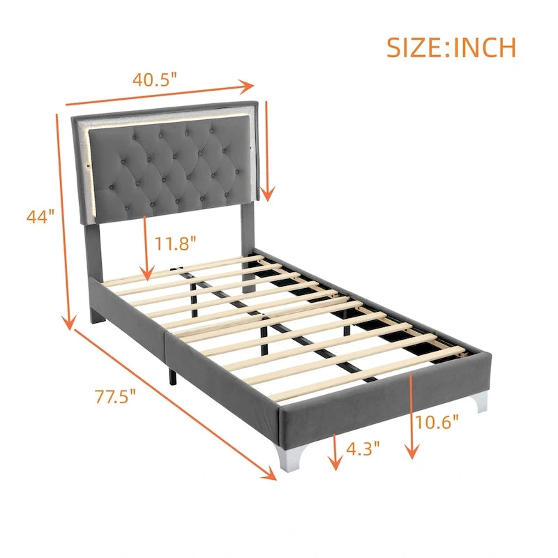 Grey Velvet Upholstered Bed Frame with Tufted LED Lighted Headboard