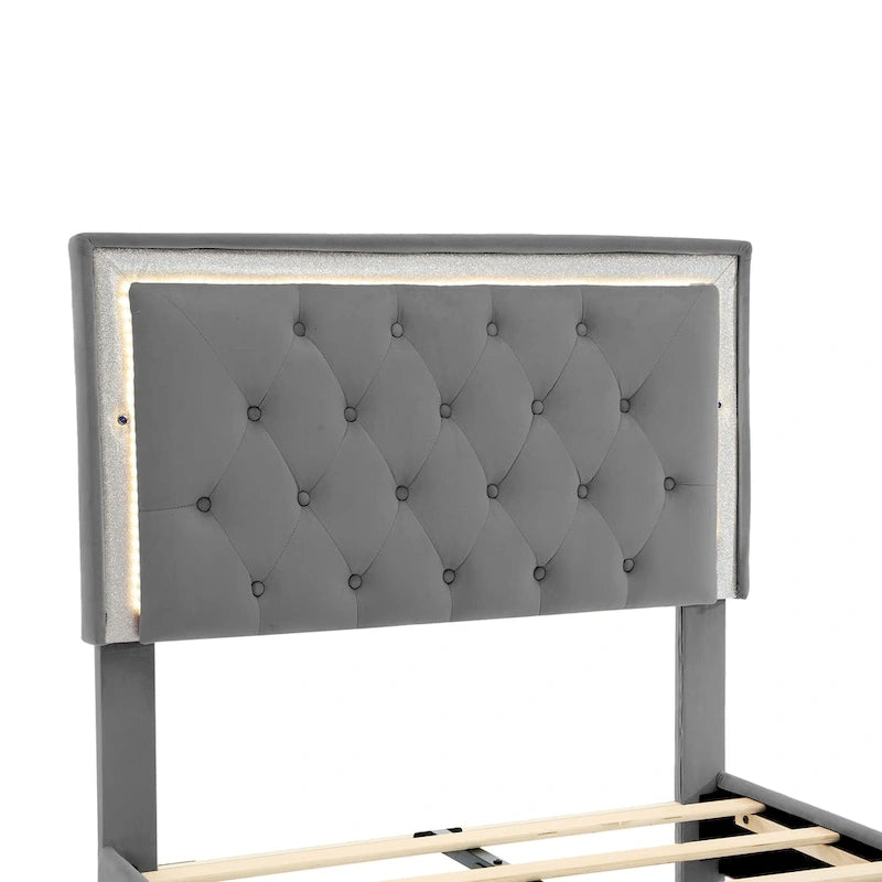 Grey Velvet Upholstered Bed Frame with Tufted LED Lighted Headboard