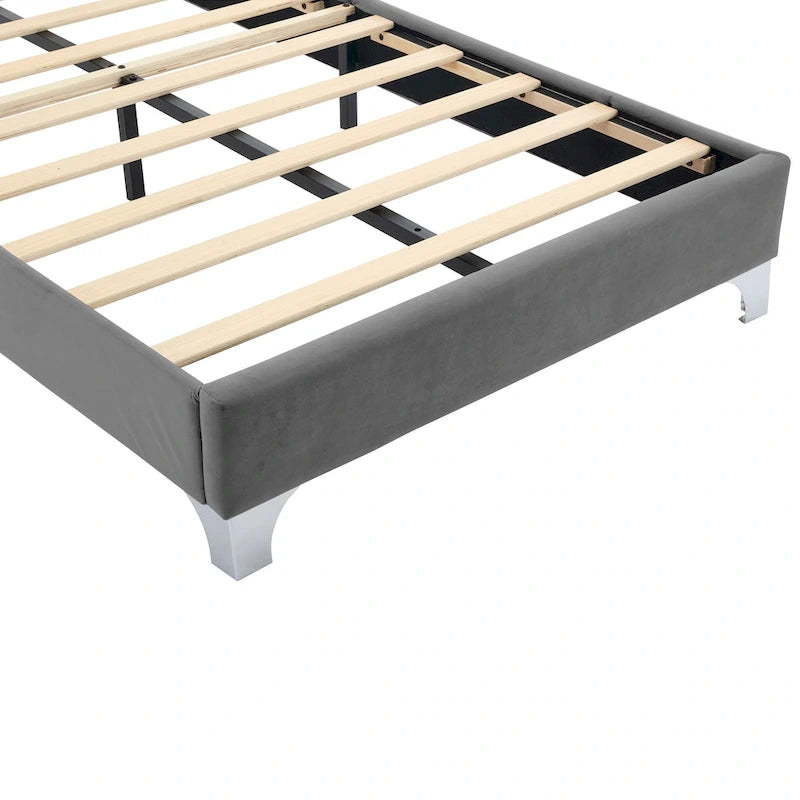 Grey Velvet Upholstered Bed Frame with Tufted LED Lighted Headboard