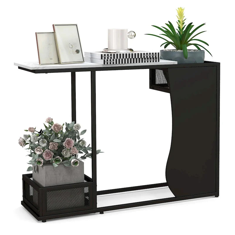 Modern White Faux Marble Console Table with Black Mesh Storage