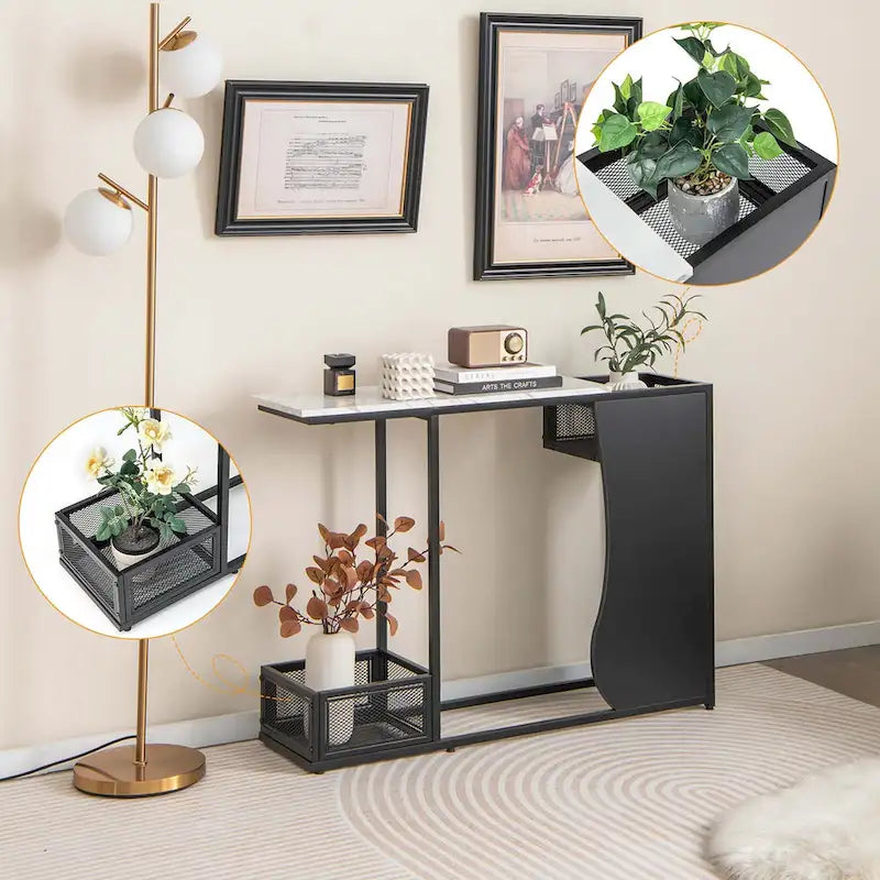 Modern White Faux Marble Console Table with Black Mesh Storage