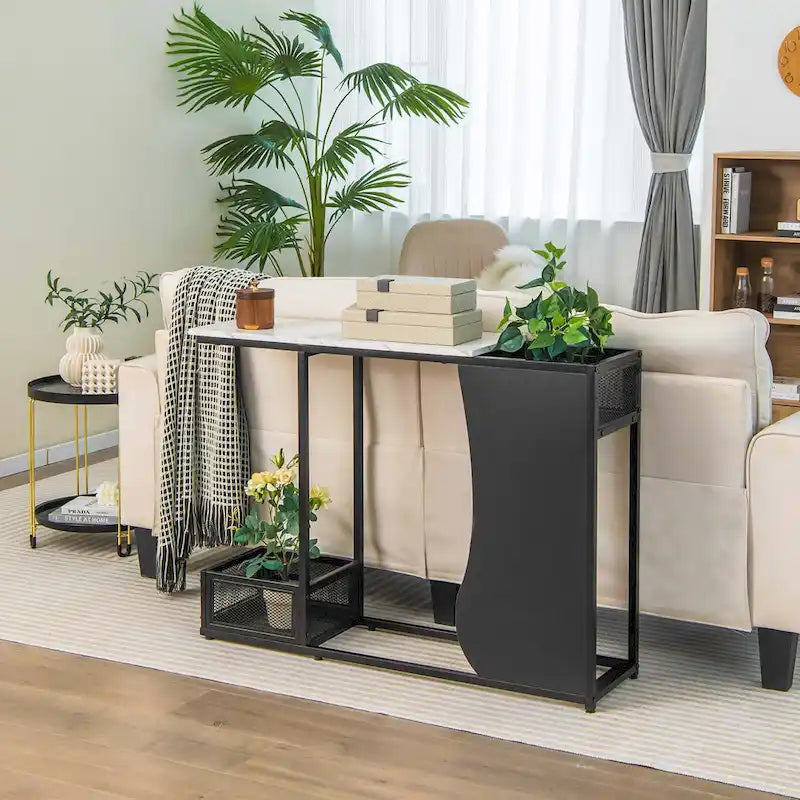 Modern White Faux Marble Console Table with Black Mesh Storage