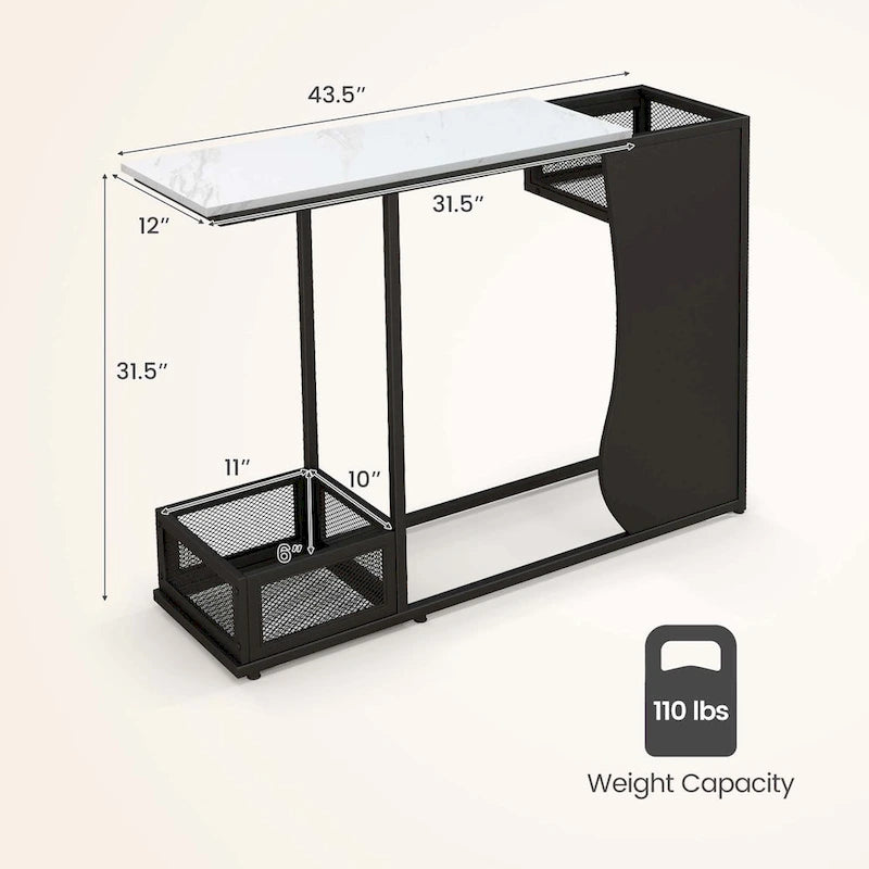 Modern White Faux Marble Console Table with Black Mesh Storage