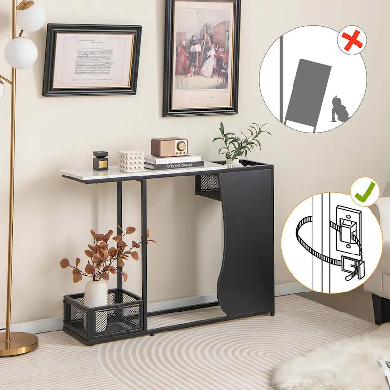 Modern White Faux Marble Console Table with Black Mesh Storage