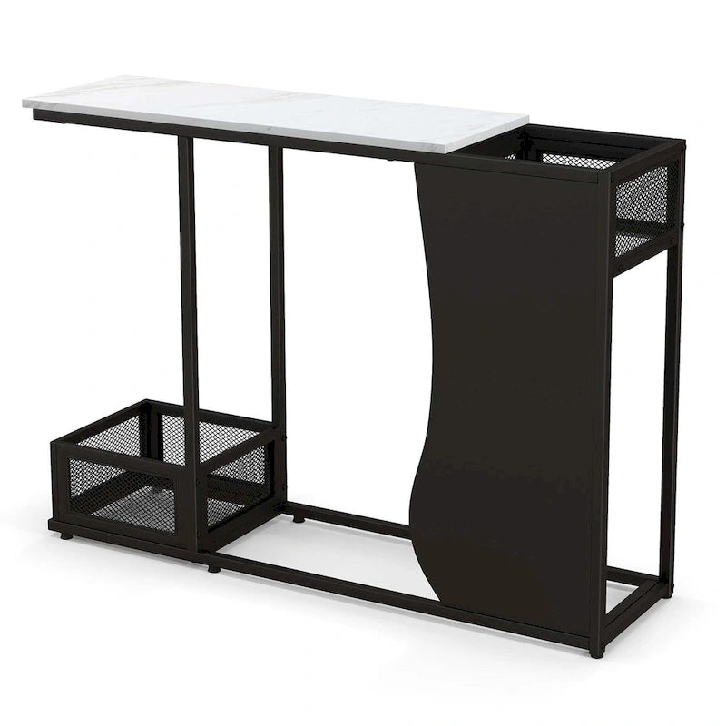 Modern White Faux Marble Console Table with Black Mesh Storage