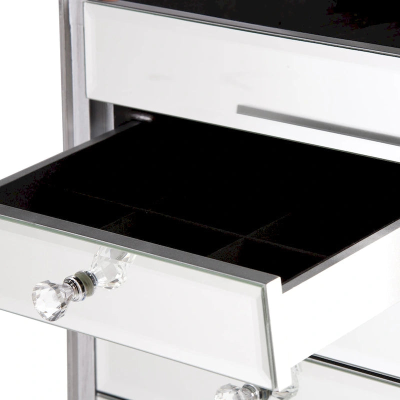 Silver Mirrored Jewelry Armoire with Seven Drawers and Necklace Storage