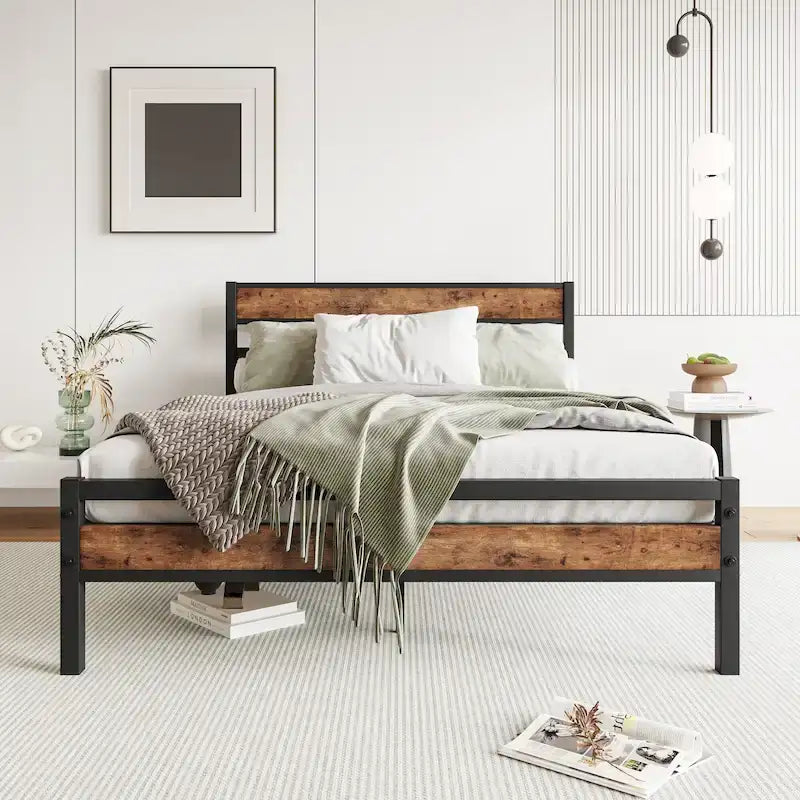 Full Size Black Metal and Rustic Wood Platform Bed