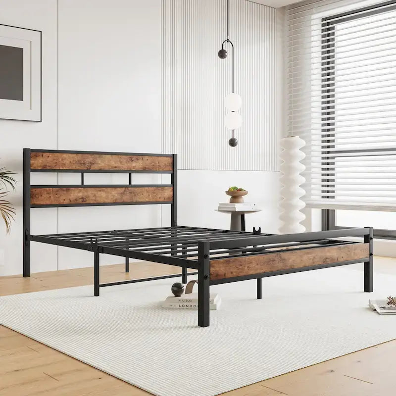 Full Size Black Metal and Rustic Wood Platform Bed