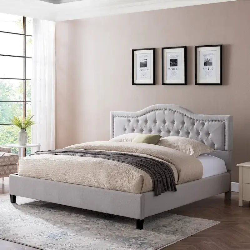 Traditional Gray Upholstered Bed Frame with Tufted Nailhead Trim Headboard
