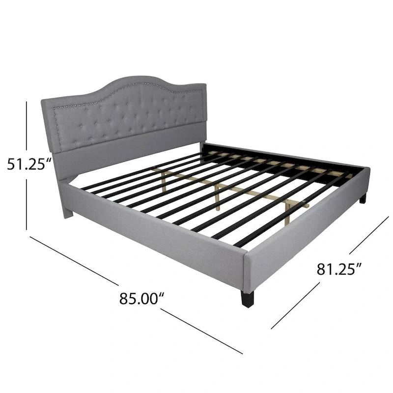 Traditional Gray Upholstered Bed Frame with Tufted Nailhead Trim Headboard