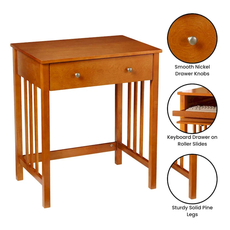 Compact Wooden Writing Desk with Sliding Keyboard Drawer and Slatted Sides